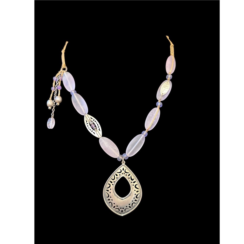 Silpada Sterling Silver Lavender Pink Bead Cord Necklace Teardrop Pendant 17"